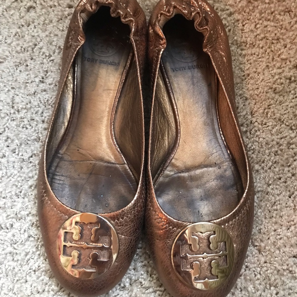 Tory Burch Reva Metallic Bronze, Gold Logo Flats